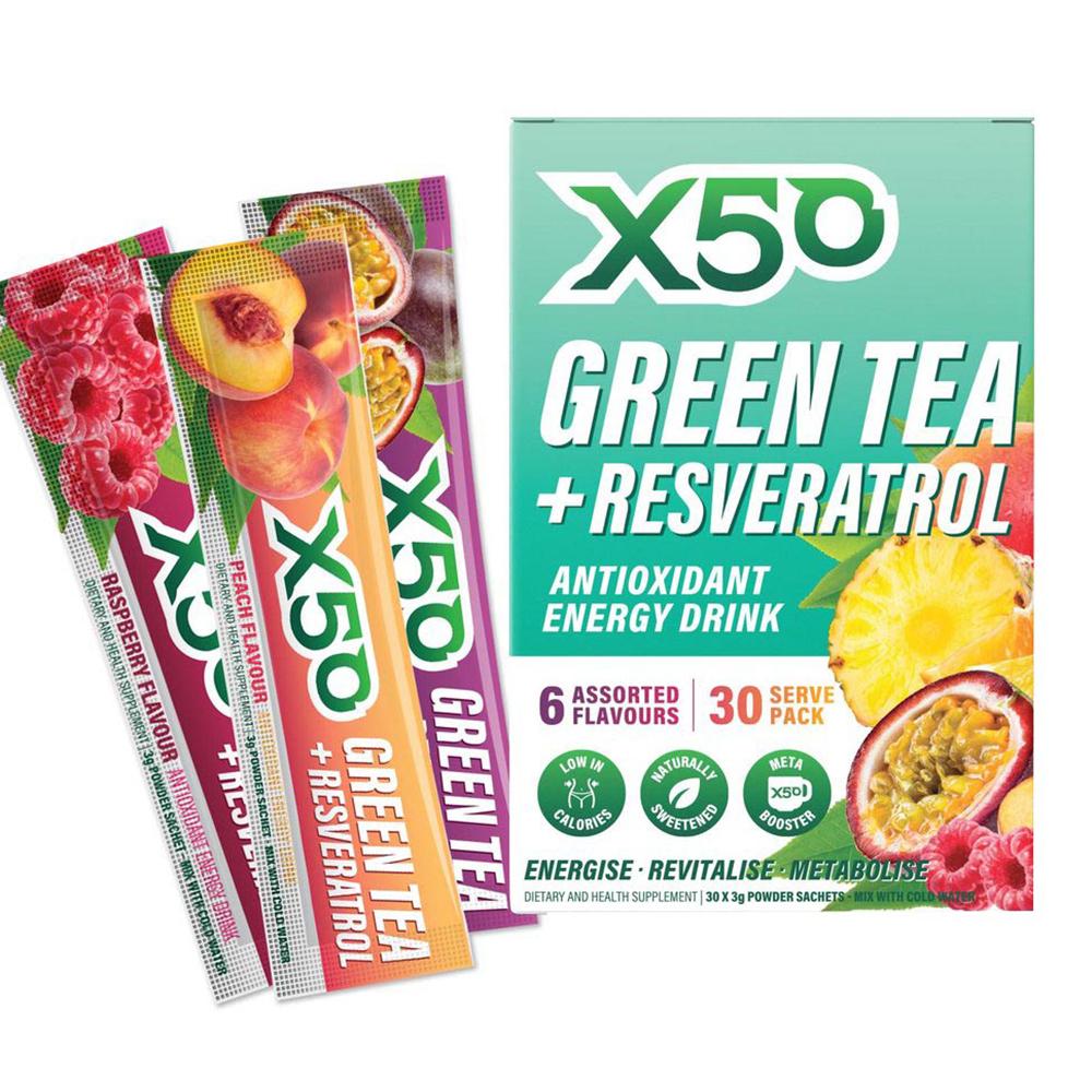 إكس 50 - شاي أخضر + مشروب طاقة مضاد للأكسدة ريسفيراترول - متنوع