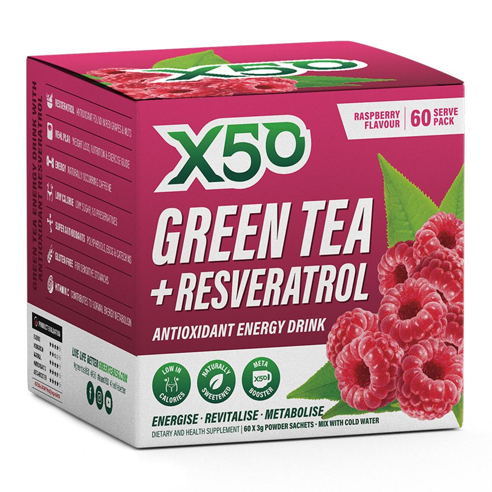 إكس 50 - شاي أخضر + مشروب طاقة مضاد للأكسدة ريسفيراترول - توت