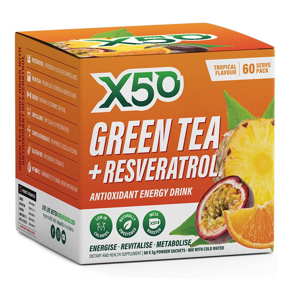 إكس 50 - شاي أخضر + مشروب طاقة مضاد للأكسدة ريسفيراترول - نكهة استوائية